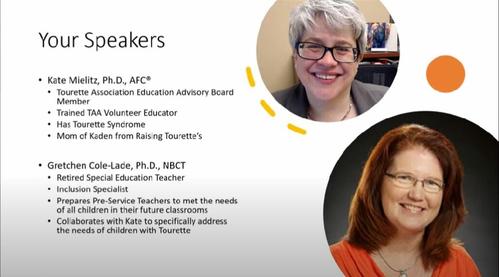 This picture is a screenshot of a Powerpoint Slide from a presentation Kate gave with her colleague Gretchen Cole-Lade. Kate's picture is on the upper right part of the slide and Gretchen with medium length reddish-brown hair is wearing an orange blouse and is in the lower right.